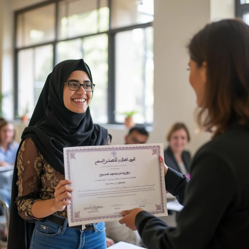 طالب يتلقى شهادة إتمام الدورة