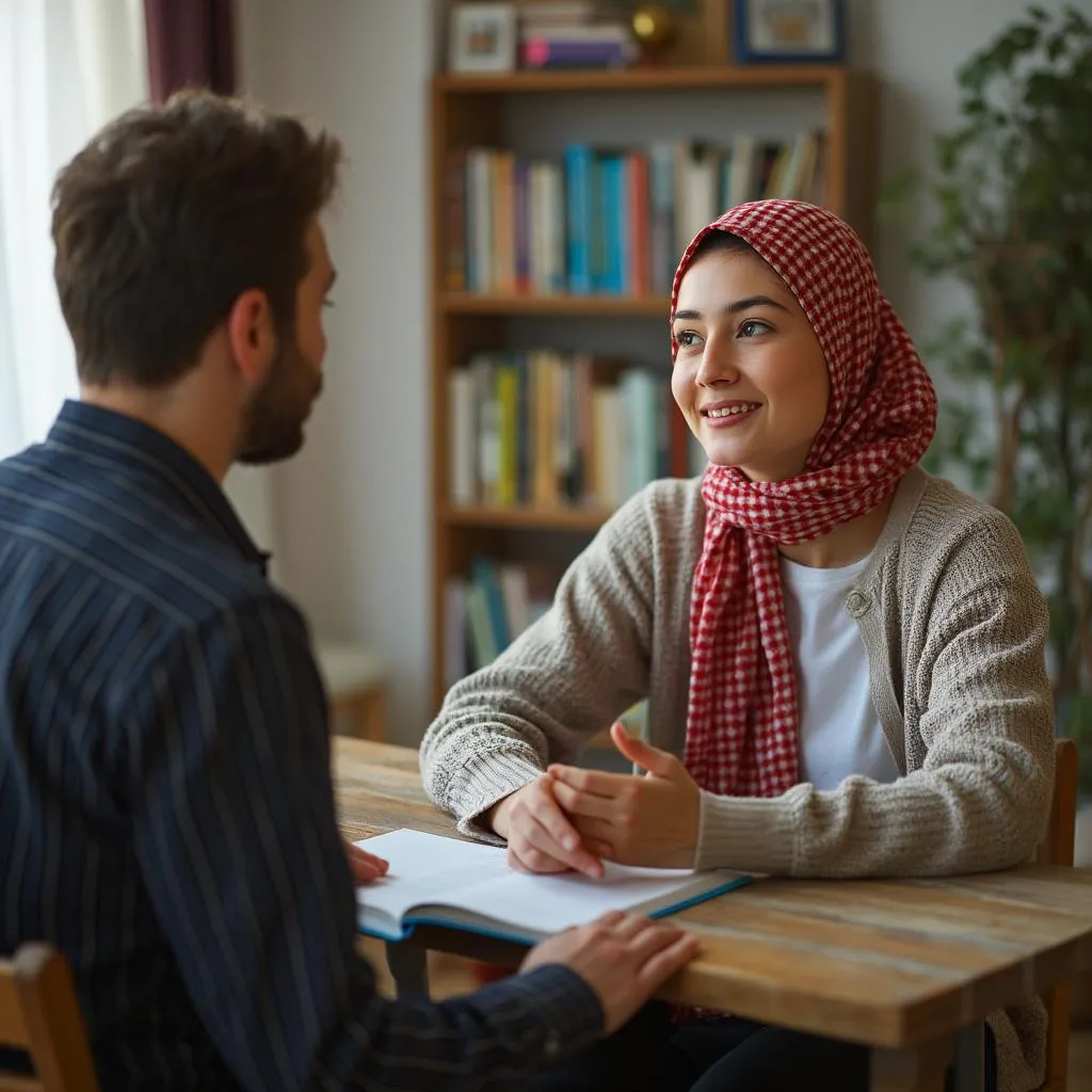 طالب يمارس اللغة مع متحدث أصلي